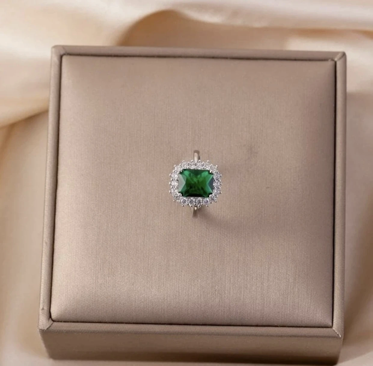 Emerald Cut Green Gem Ring Silver Tone - photo 2