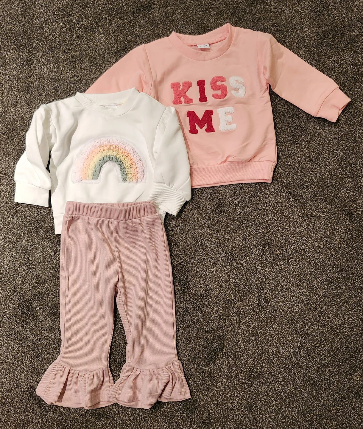 Girls "Kiss Me" & Rainbow Sweatshirt Set with Ruffled Pants