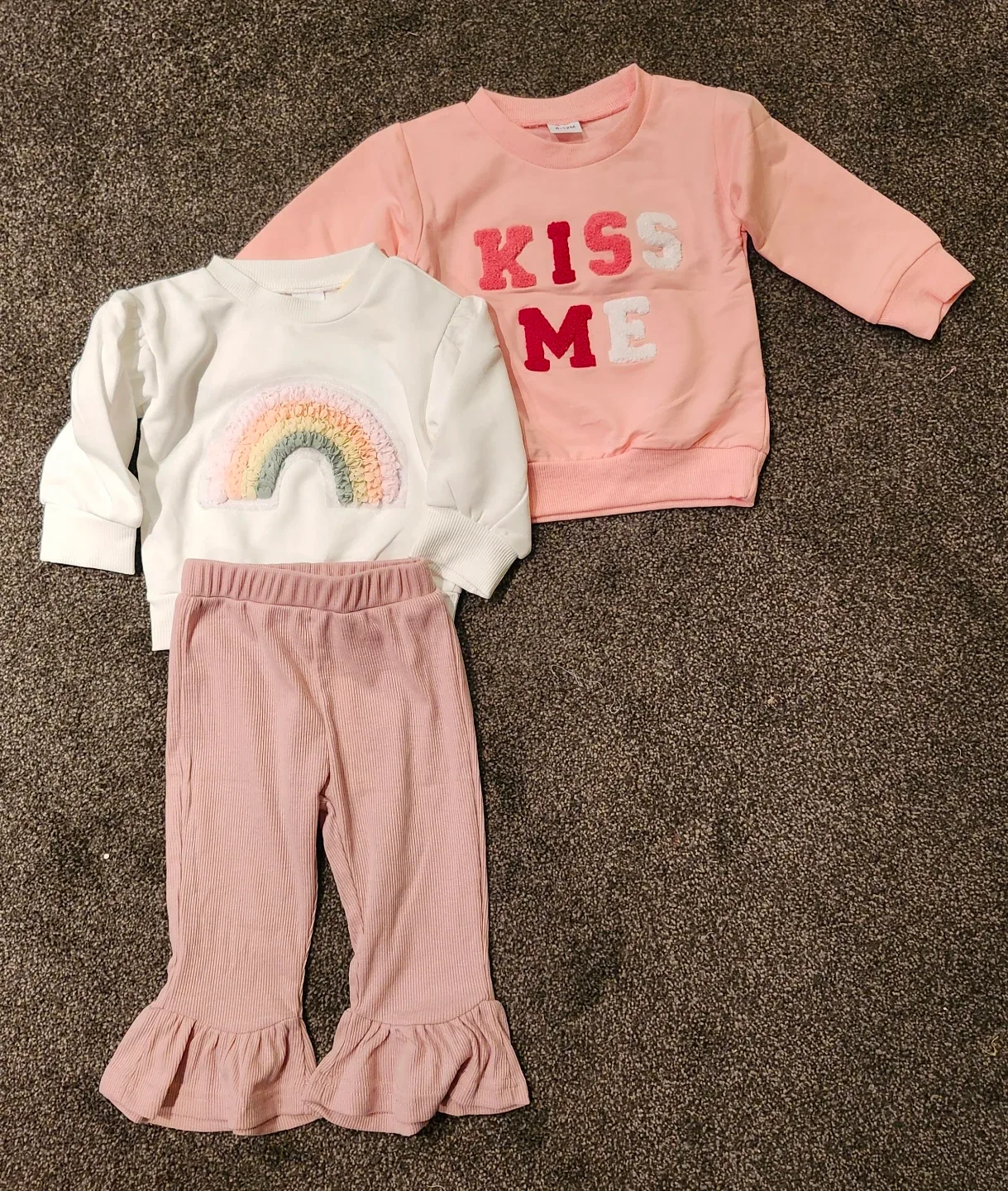 Girls "Kiss Me" & Rainbow Sweatshirt Set with Ruffled Pants