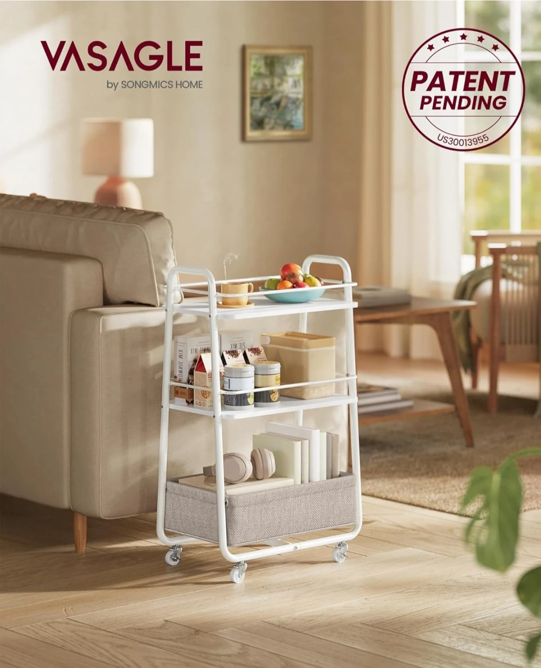 VASAGLE 3-Tier Rolling Cart with Fabric Basket - photo 3
