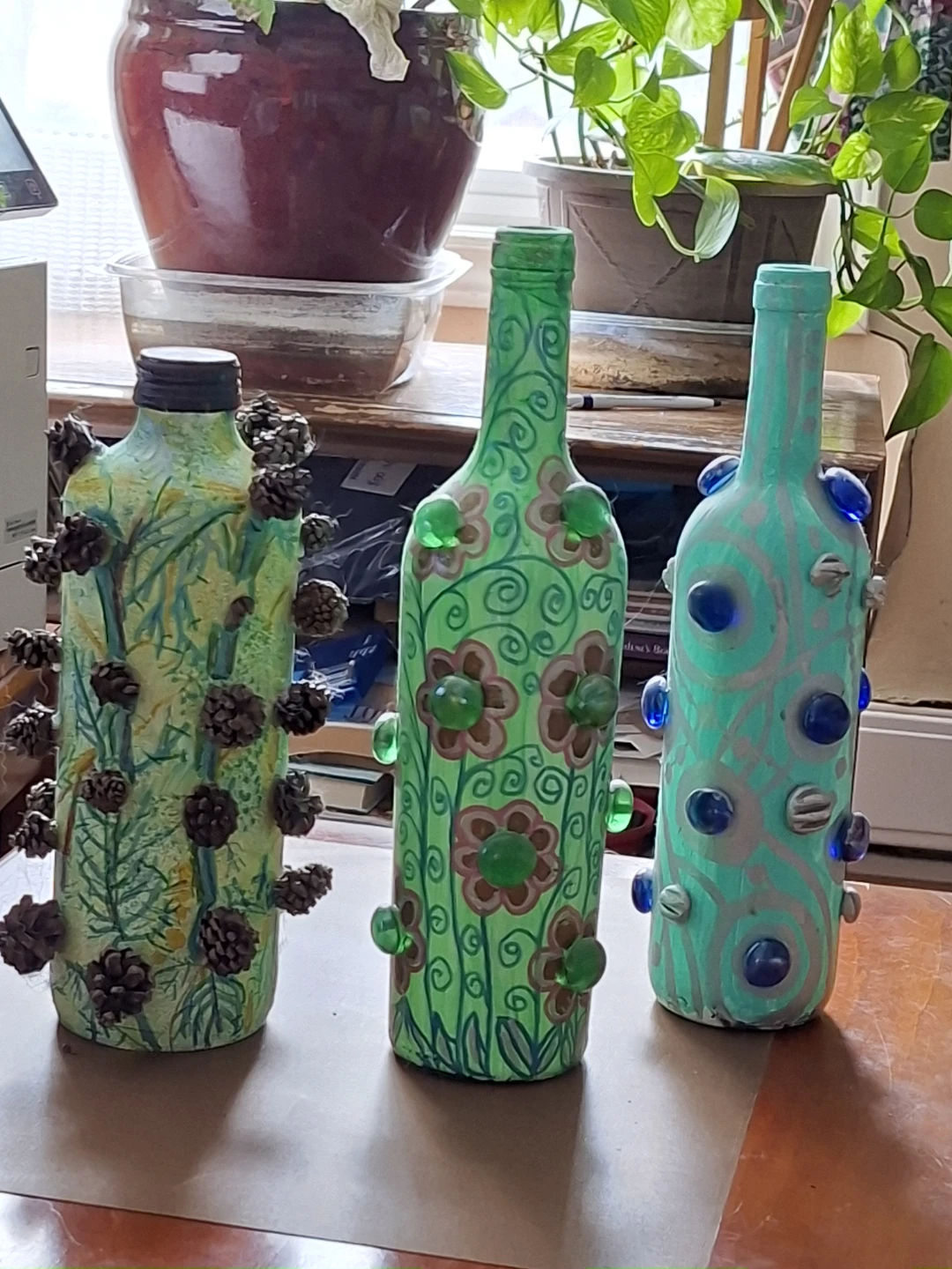 Set of 3 Hand-Decorated Glass Bottles