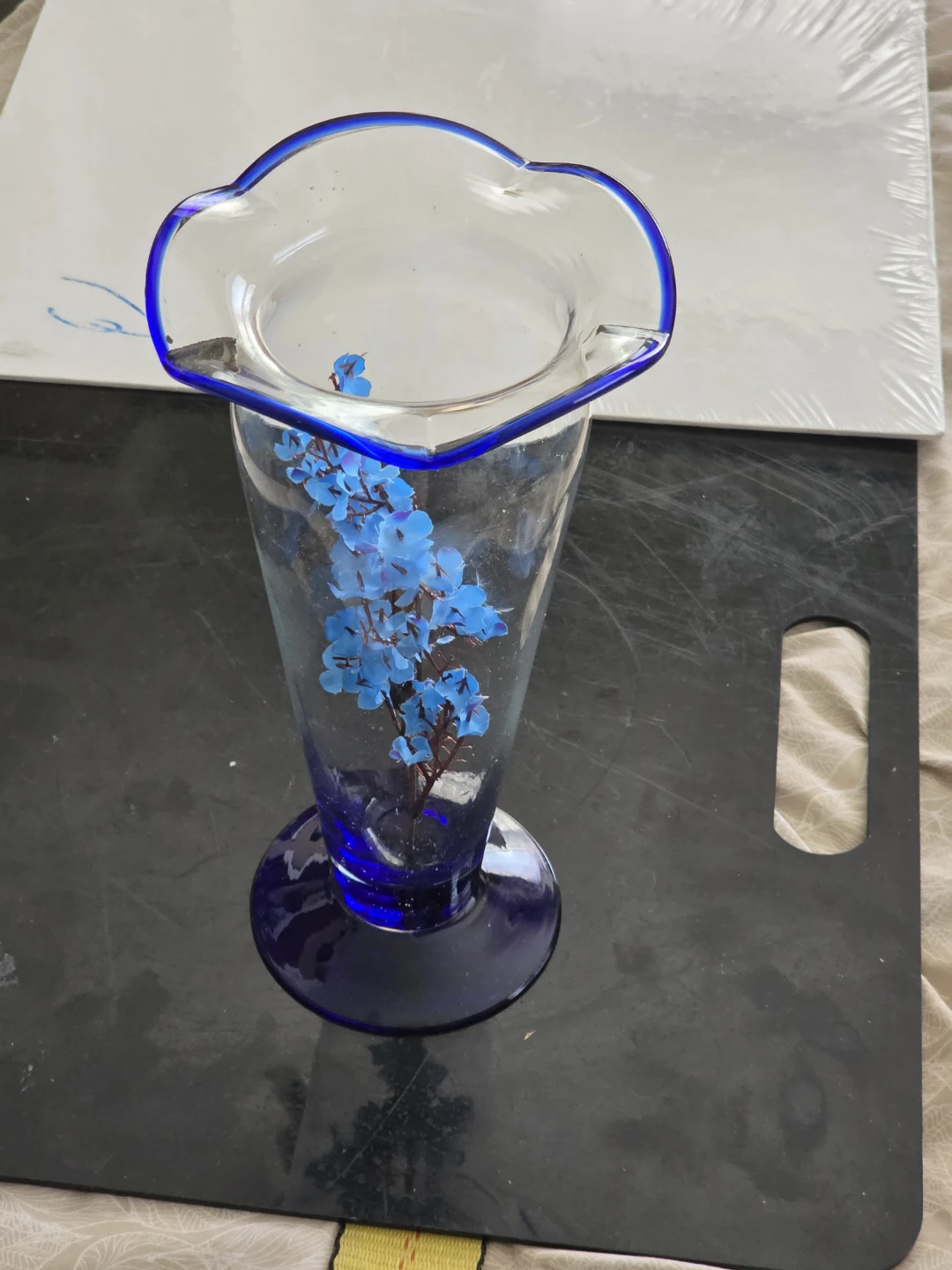 Glass Vase with Blue Floral Accent
