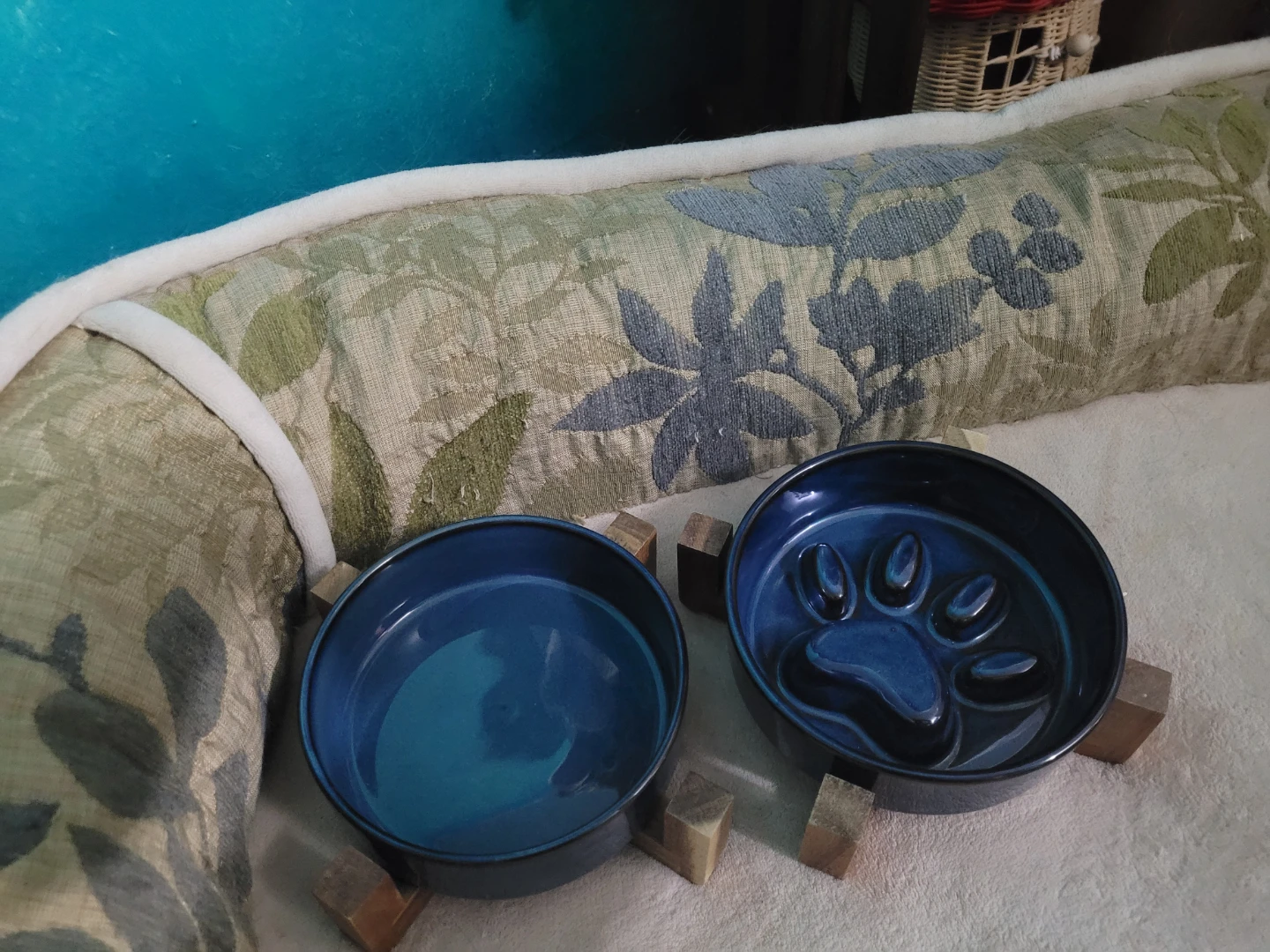 Ceramic Dog Bowl Set Pet Water Food Slow Feeder Wood Elevated