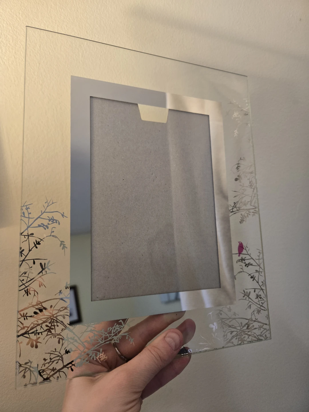 Glass Picture Frame with Floral Design, missing back stand