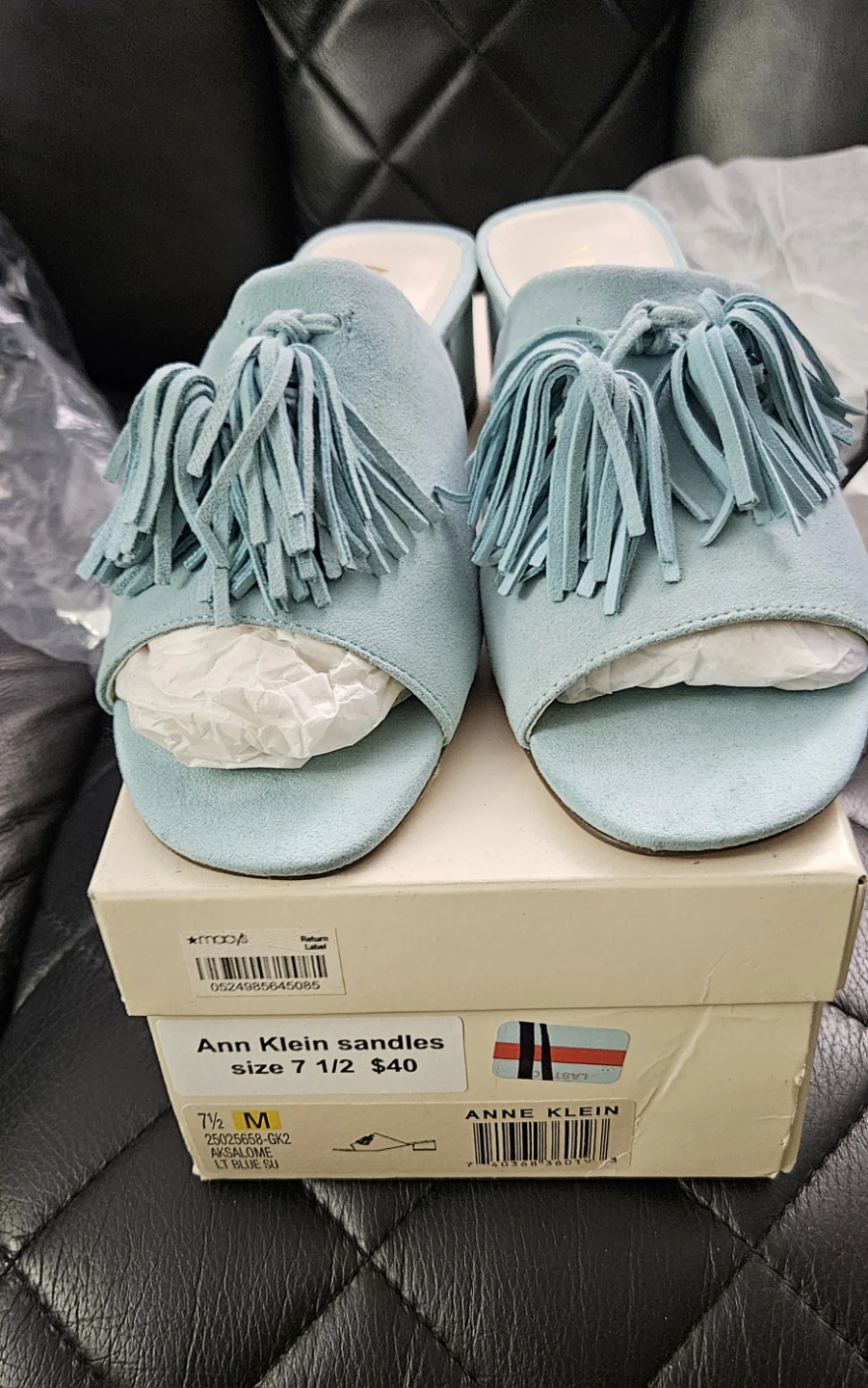 Ann Klein Light Blue Suede Tassel Slide Sandals Size 7.5