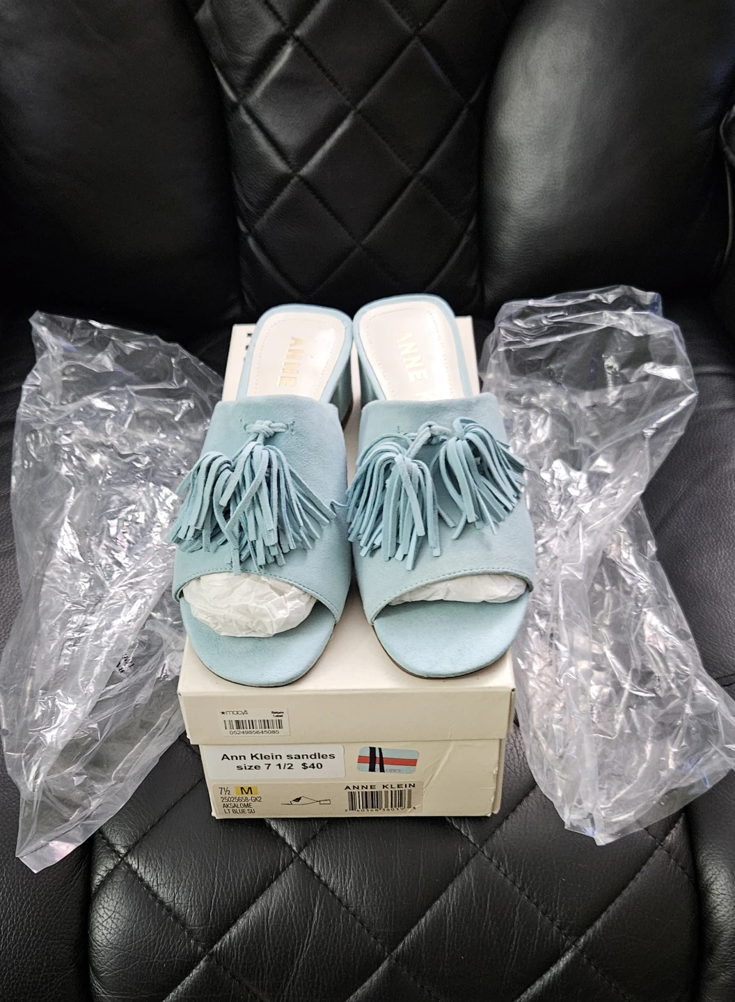 Ann Klein Light Blue Suede Tassel Slide Sandals Size 7.5 - photo 3