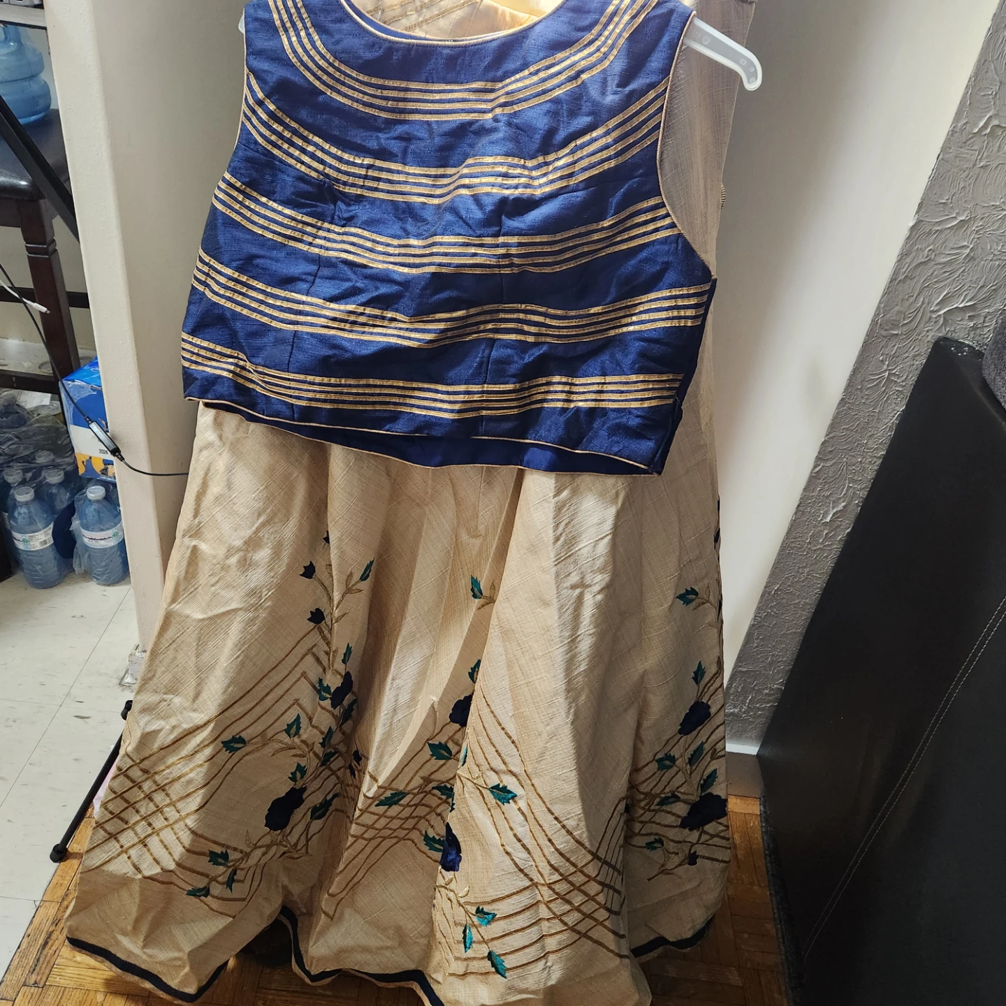 Beige and Blue Floral Embroidered Skirt Set- Indian set