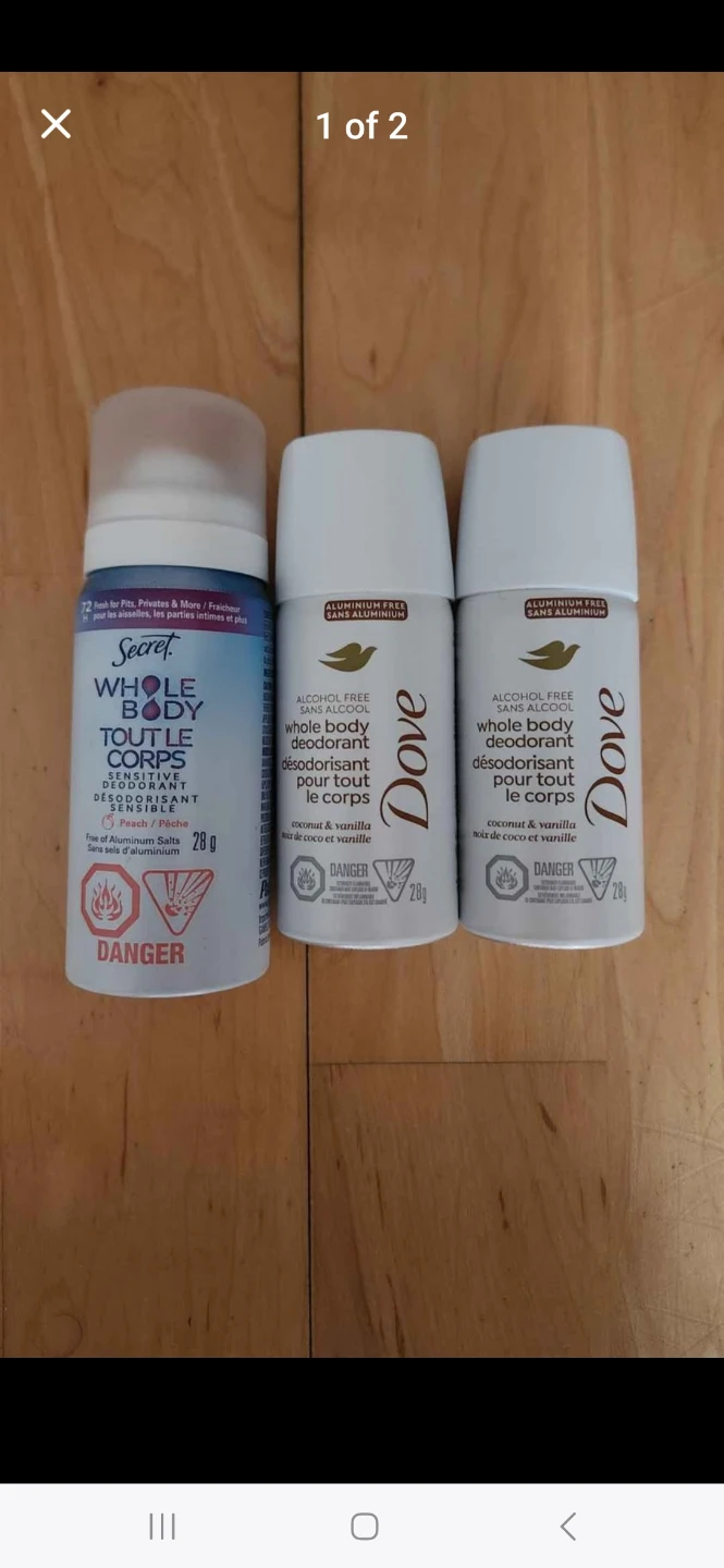 Secret Peach, Dove Coconut & Vanilla Whole Body Deodorants