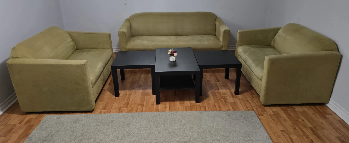 Suede Loveseats and Sofa with Coffee Tables