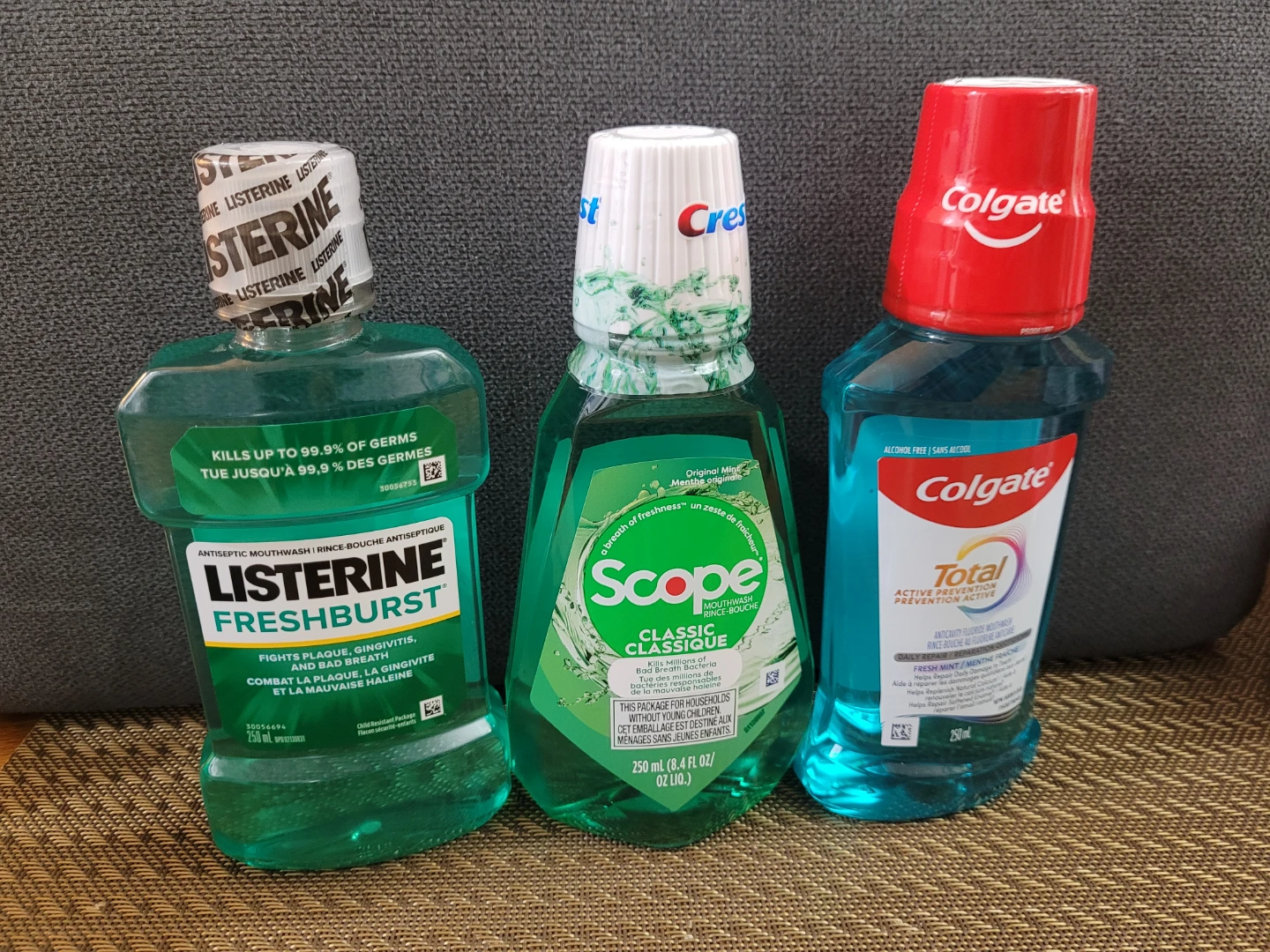 Listerine Freshburst, Scope Classic, and Colgate  Mouthwash