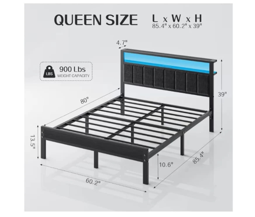 Queen Size Bed Frame with Built-in Charging Station & Headboard
