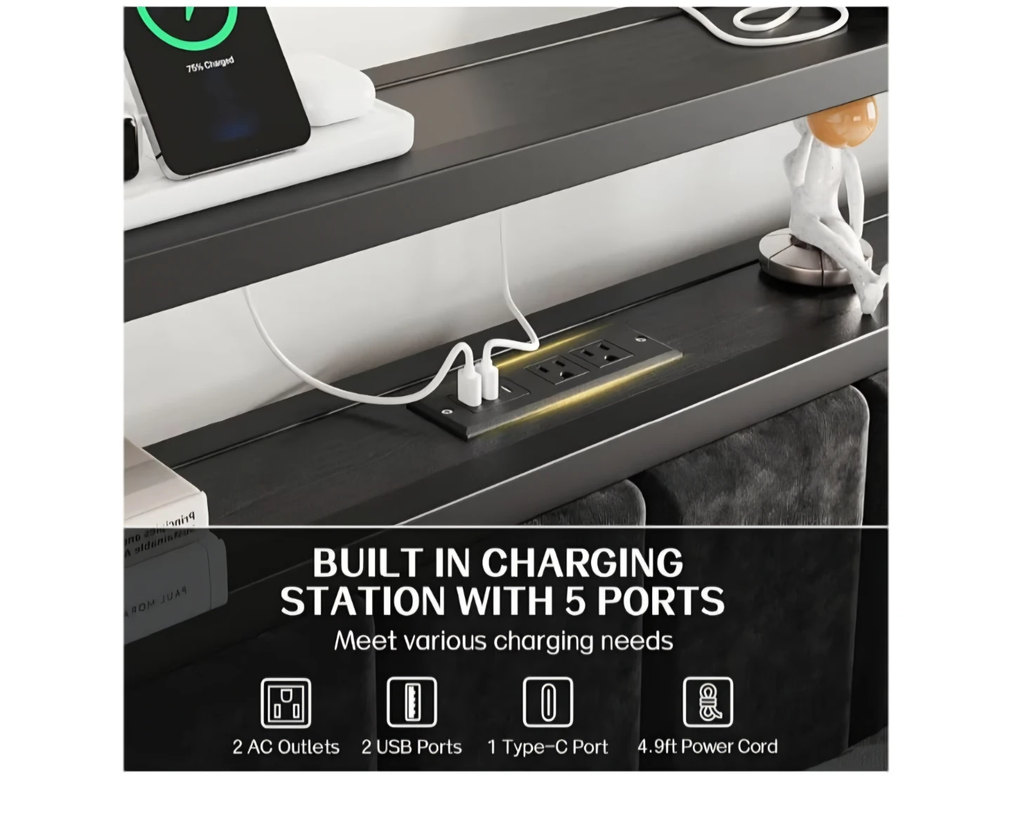 Queen Size Bed Frame with Built-in Charging Station & Headboard - photo 2