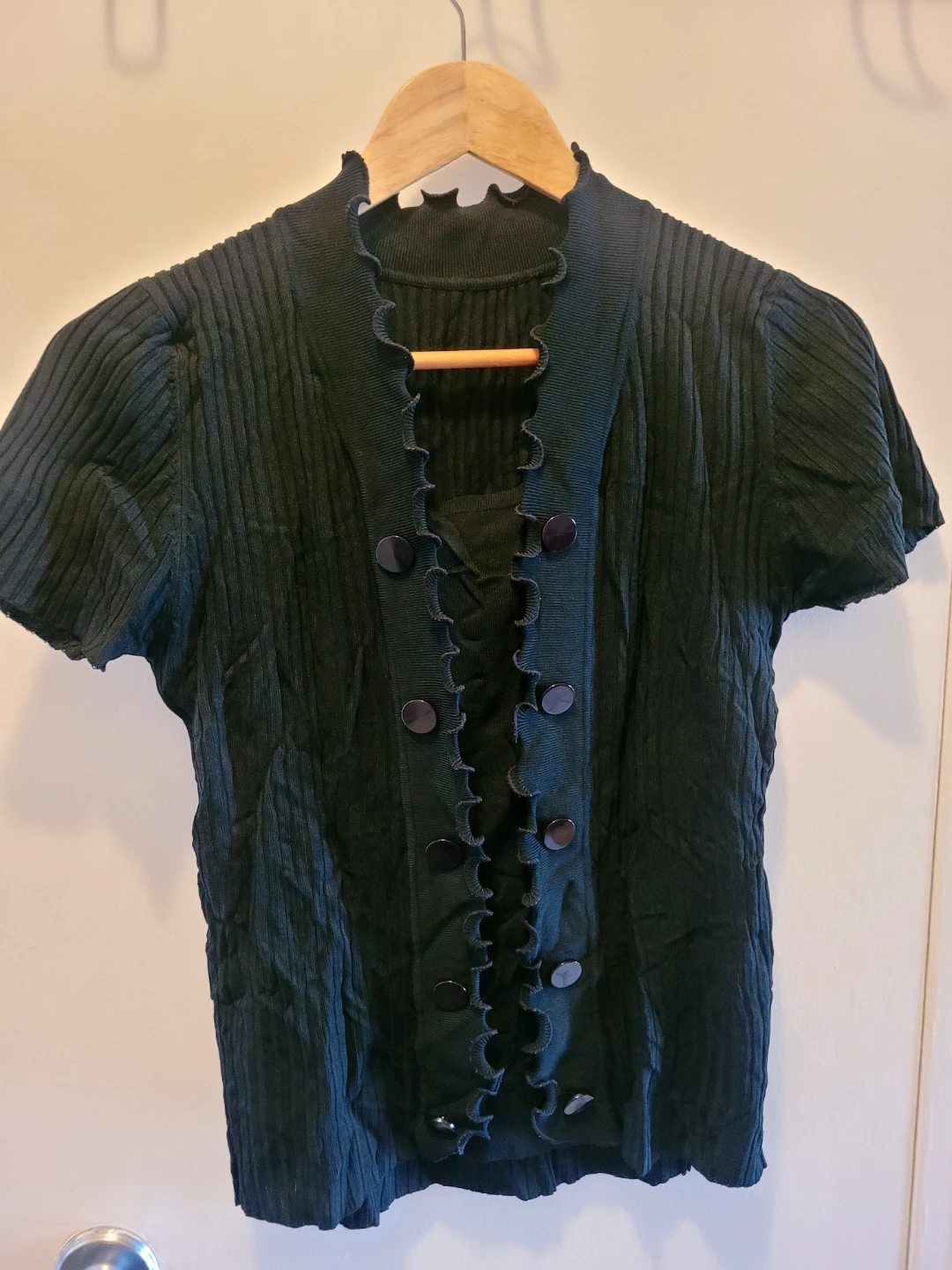 Black Ribbed Mock Neck Top with Ruffled Trim