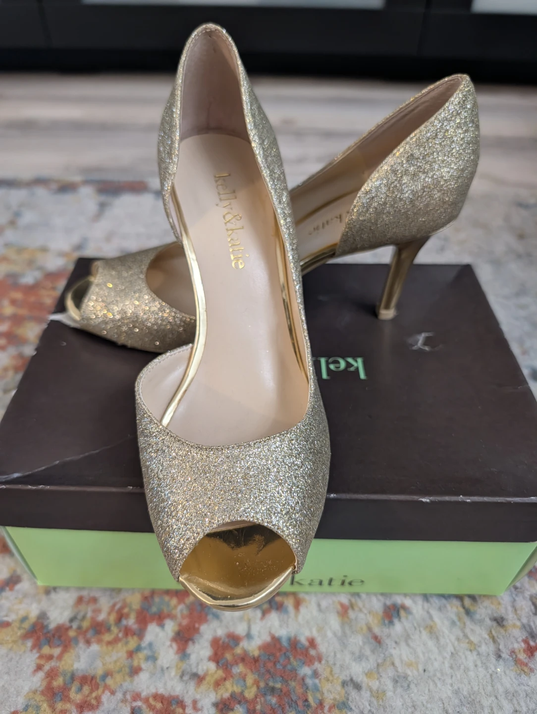 Kelly & Katie Gold Glitter Peep Toe Heels - Size 6.5