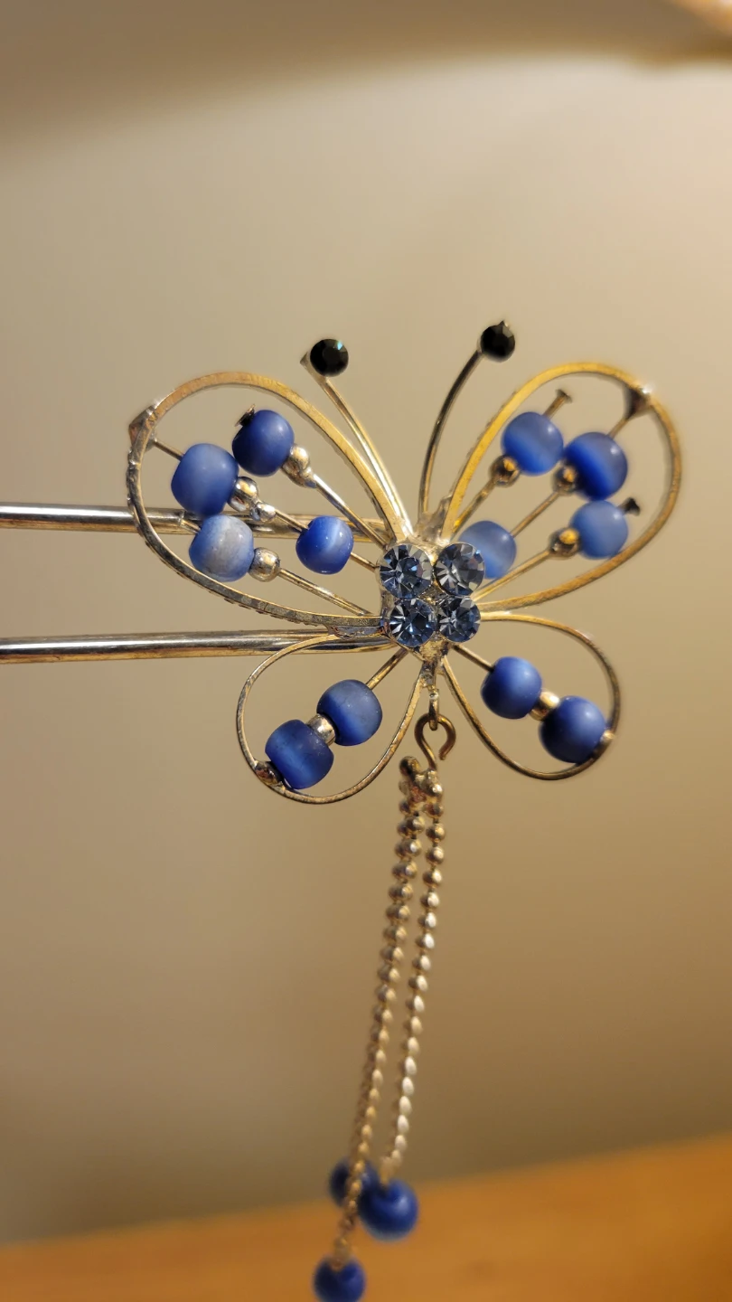 Butterfly Hair Stick with Blue Beads