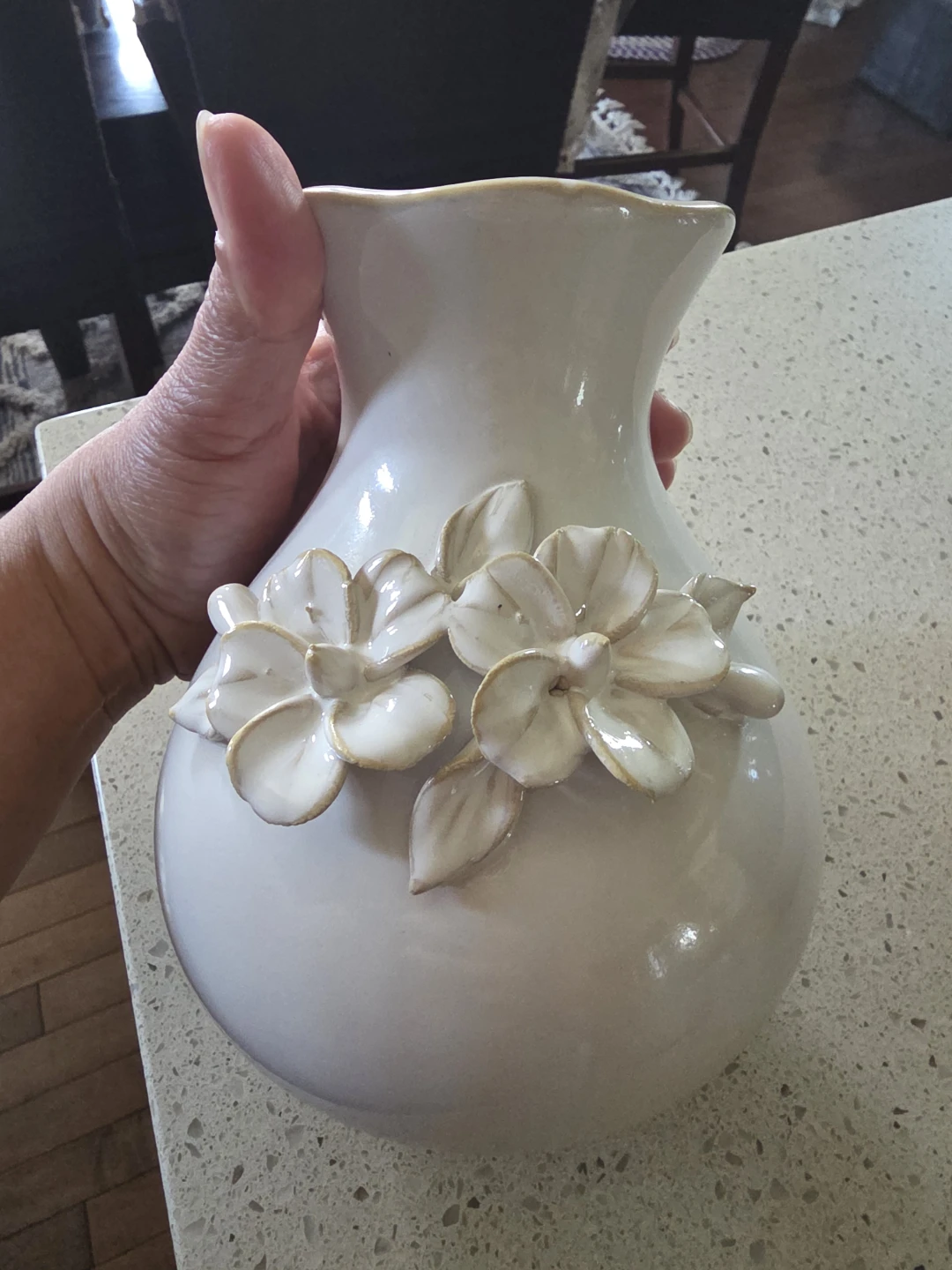 White Ceramic Vase with Raised Floral Design
