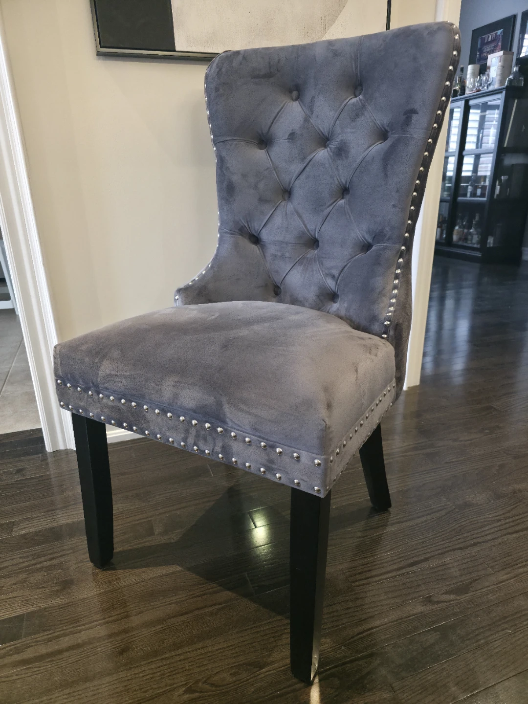 Grey Velvet Tufted Dining Chair with Silver Nailhead Trim