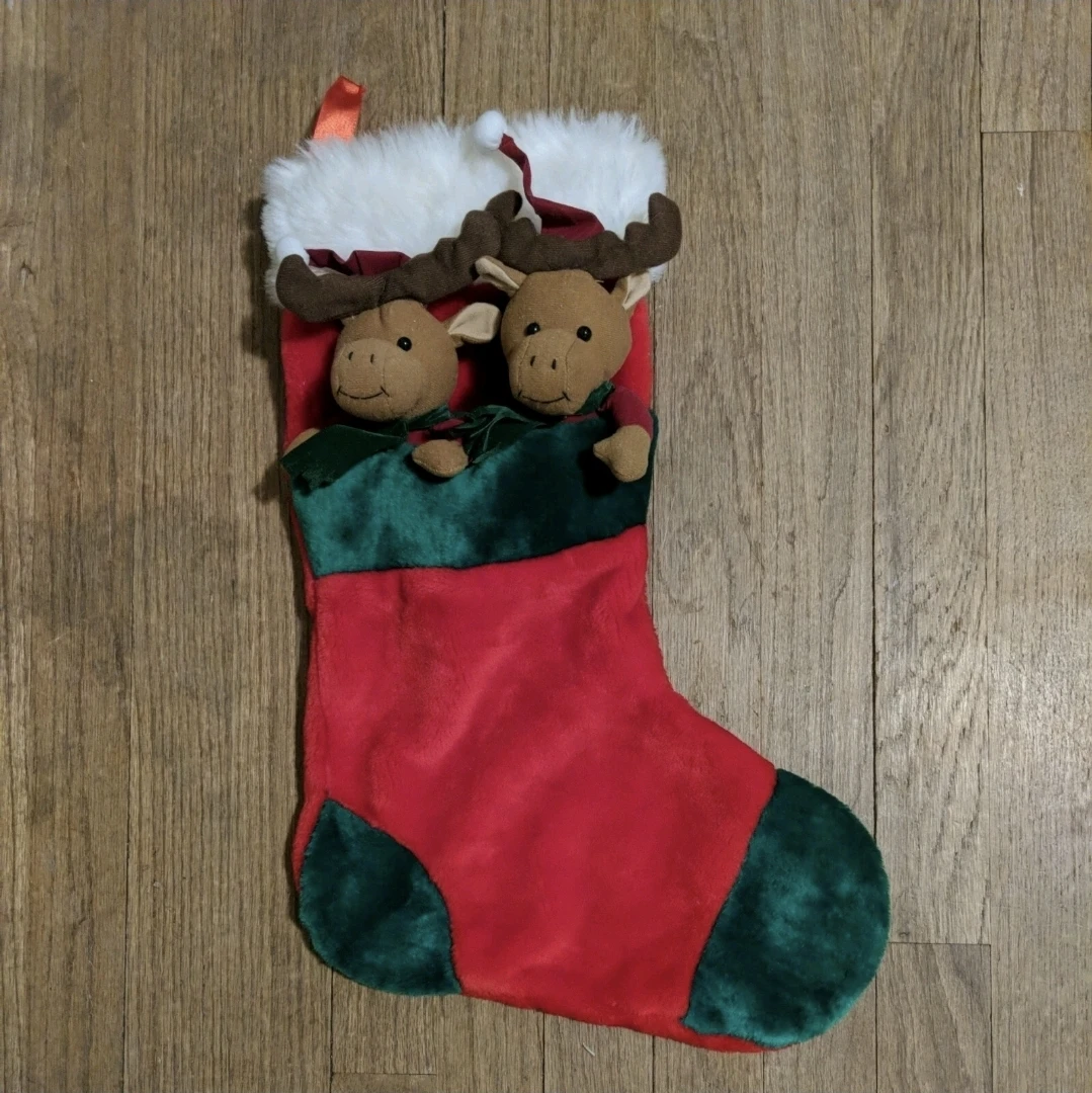 Christmas Stocking with Two Moose Decorations