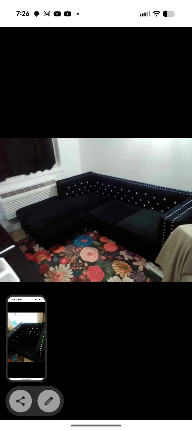 Black Velvet Tufted Sofa with Rhinestones - photo 2