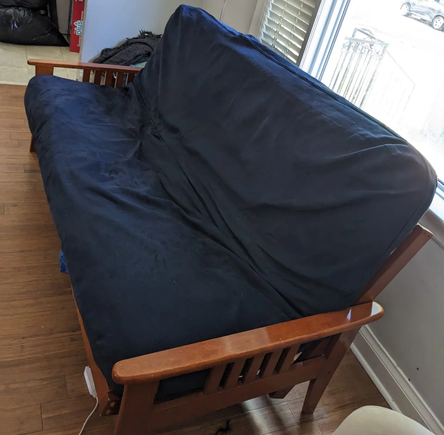 Wooden Futon Frame with Dark Blue Mattress
