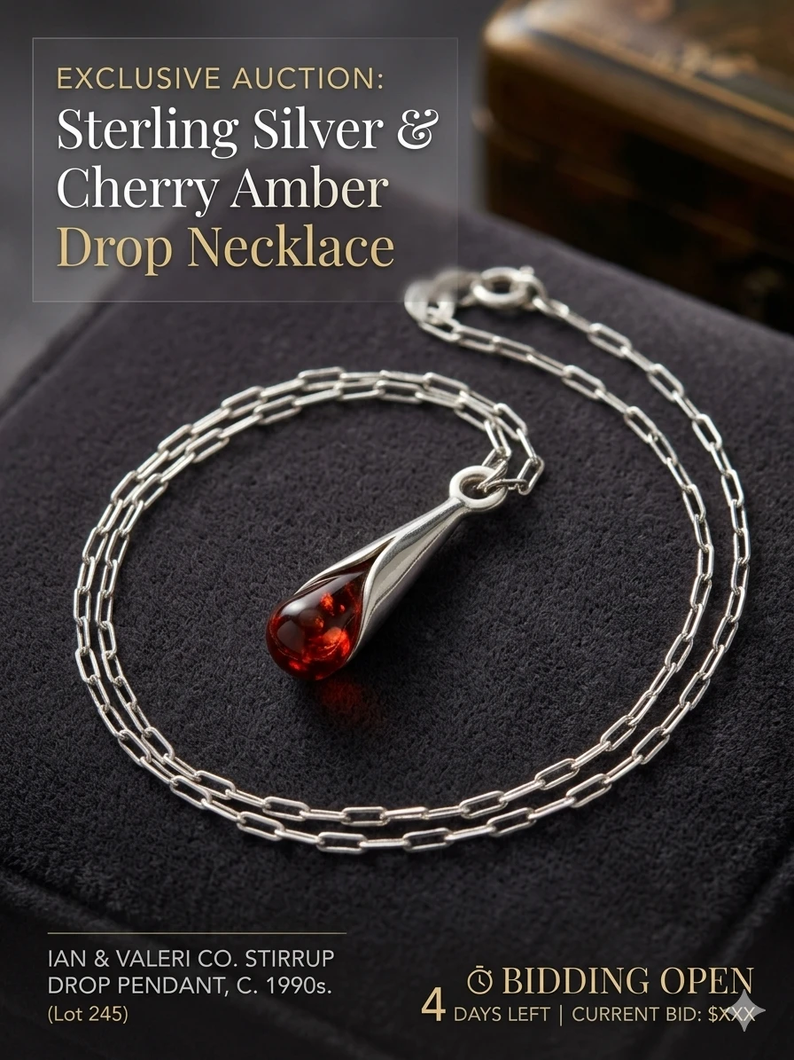 Sterling Silver & Cherry Amber Drop Pendant Necklace