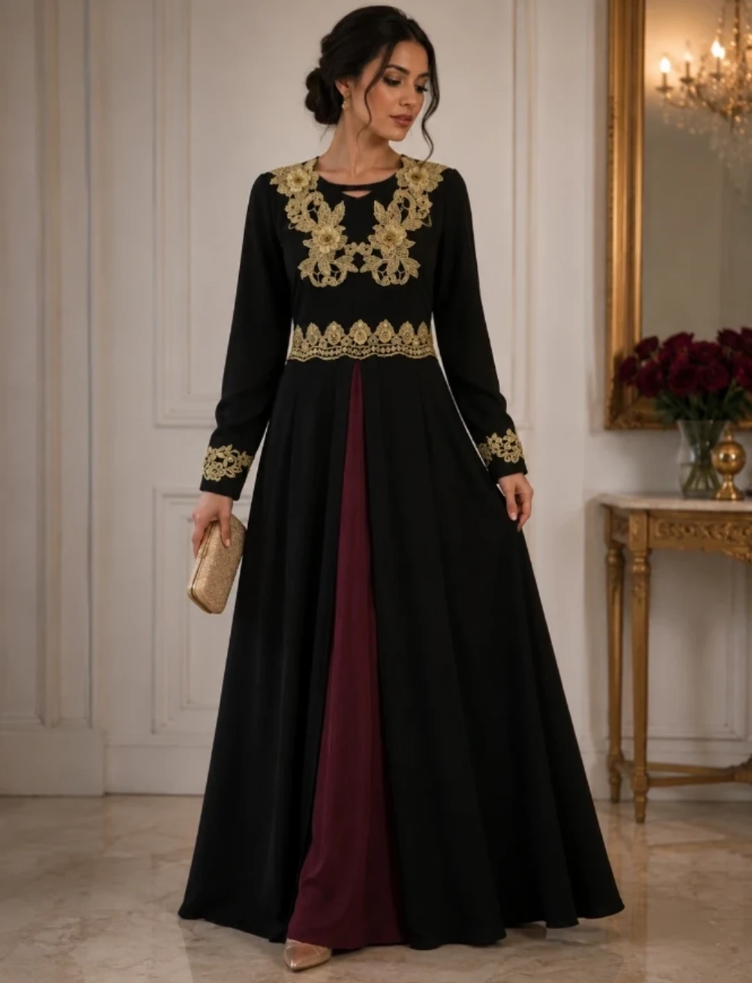 Black Abaya Dress with Gold Embroidery