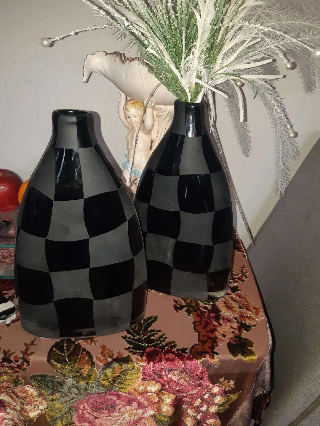 Set of 2 Black and White Checkered Vases
