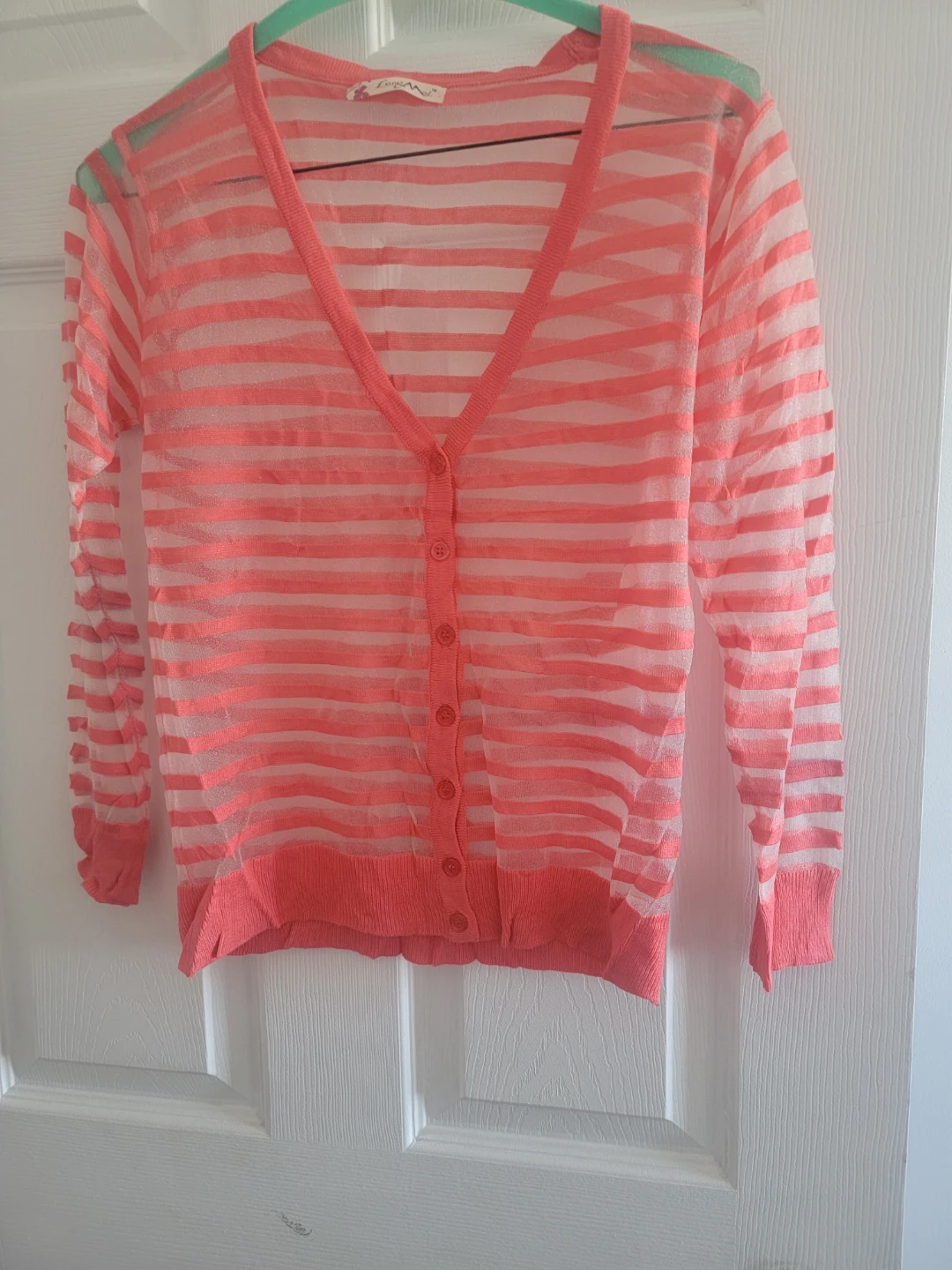 Sheer Striped Cardigan - Coral and White Size S/M