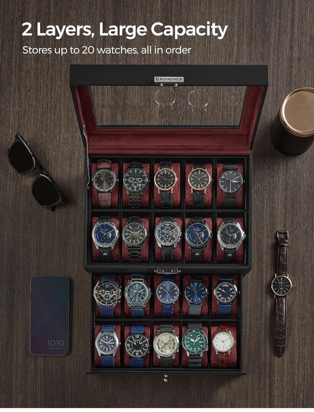 Songmics 20-Slot Watch Box Display Case - photo 3