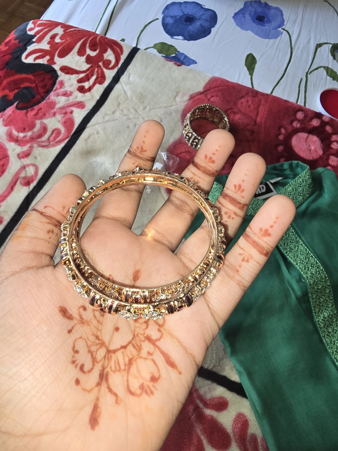 Gold Bangle Set with Rhinestones and Red Gems - photo 2