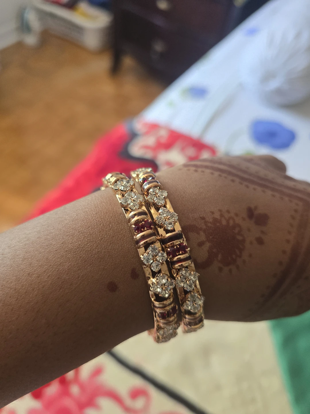 Gold Bangle Set with Rhinestones and Red Gems - photo 4