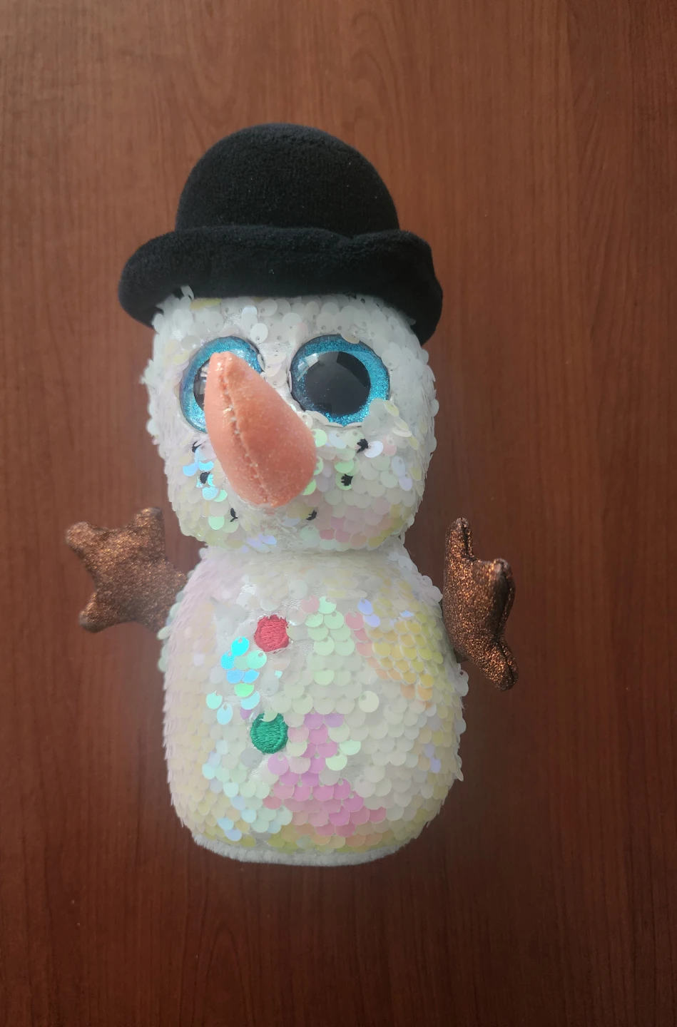 Sparkly Sequin Snowman Plush Toy with Black Hat