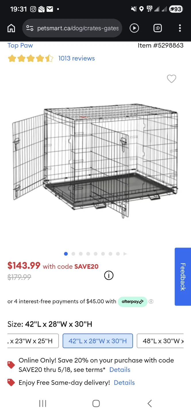 Top Paw Pet Dog Crate 42" L x 28" W x 30" H