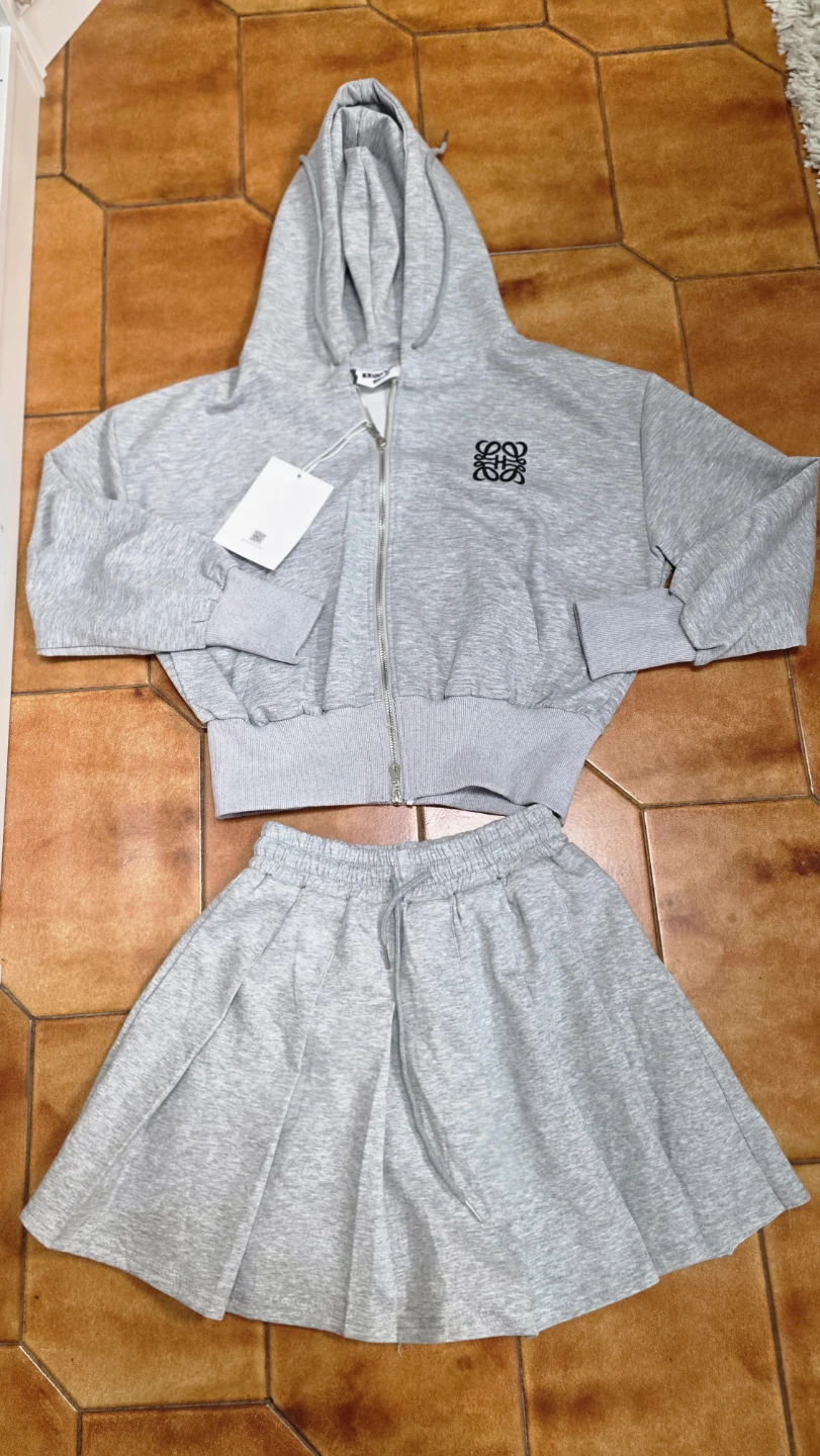 Grey Loewe Logo Zip-Up Hoodie and Skirt Set