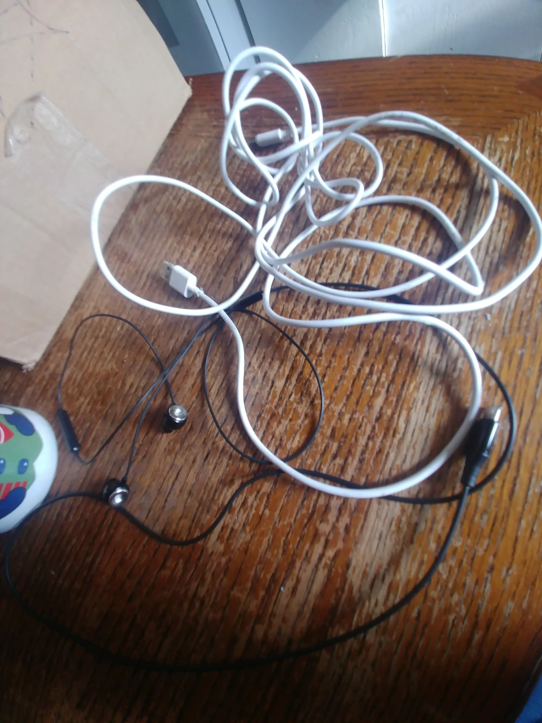 White USB Charging Cable and Black Earbuds