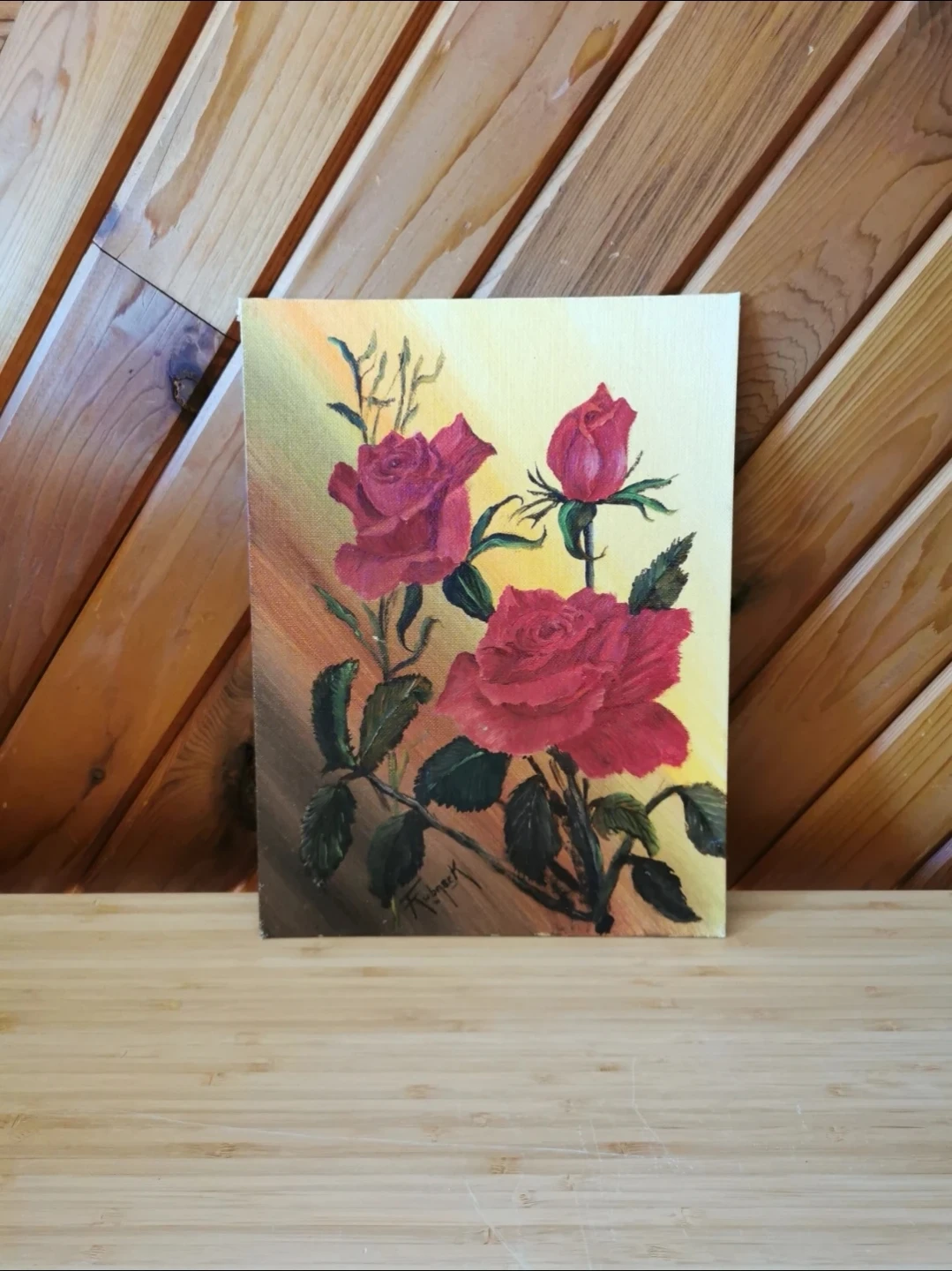 Vintage Signed Oil Painting – Red Roses