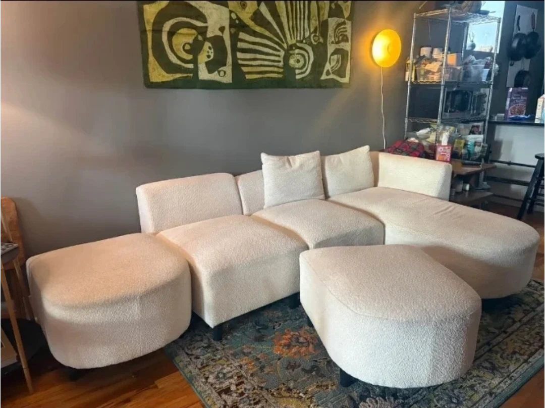Cream Boucle Sectional Sofa with Ottomans