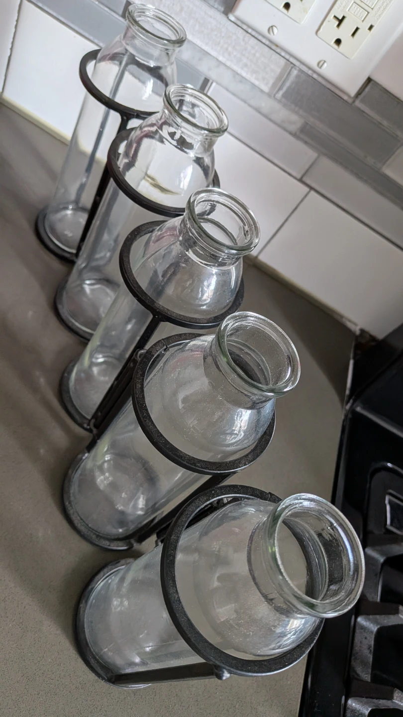 Set of 5 Clear Glass Bottles in Metal Holders