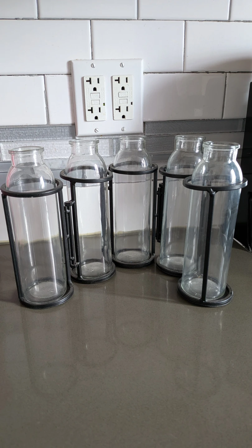 Set of 5 Clear Glass Bottles in Metal Holders - photo 2
