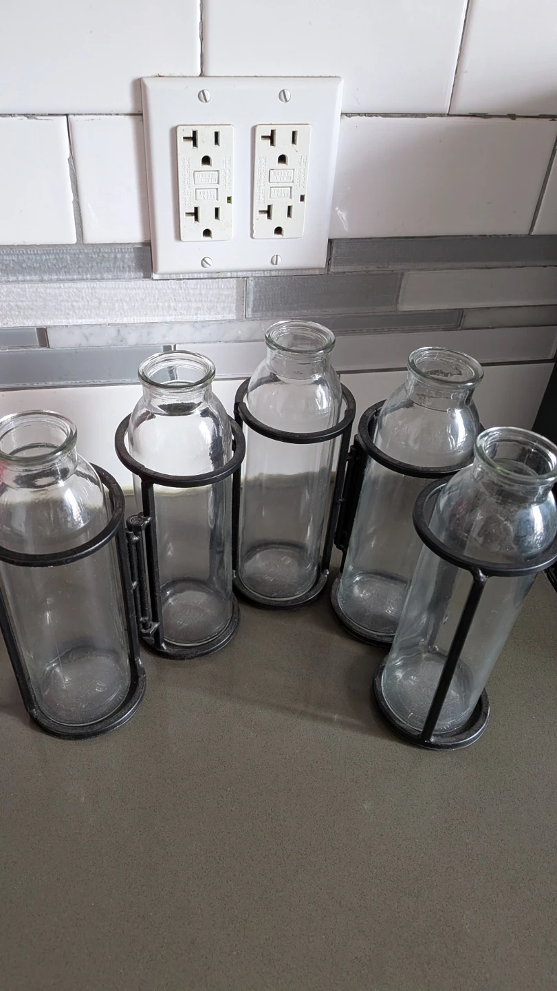 Set of 5 Clear Glass Bottles in Metal Holders - photo 3