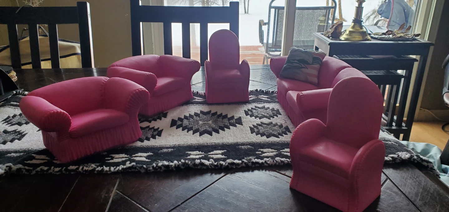 Pink Dollhouse Furniture Set - Sofa, Chairs, and Stool