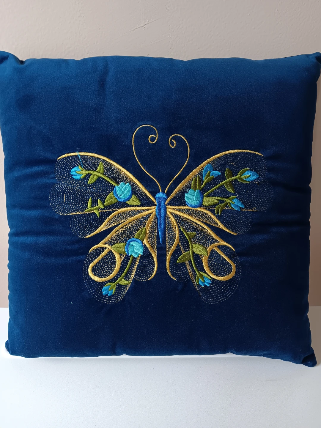 Blue Velvet Butterfly Embroidered Throw Pillow Cushion