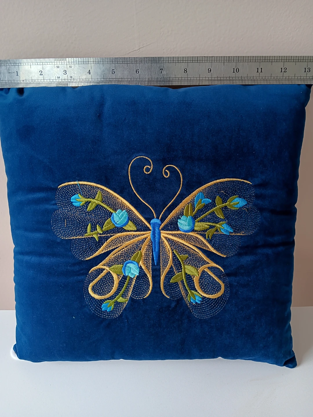 Blue Velvet Butterfly Embroidered Throw Pillow Cushion - photo 2