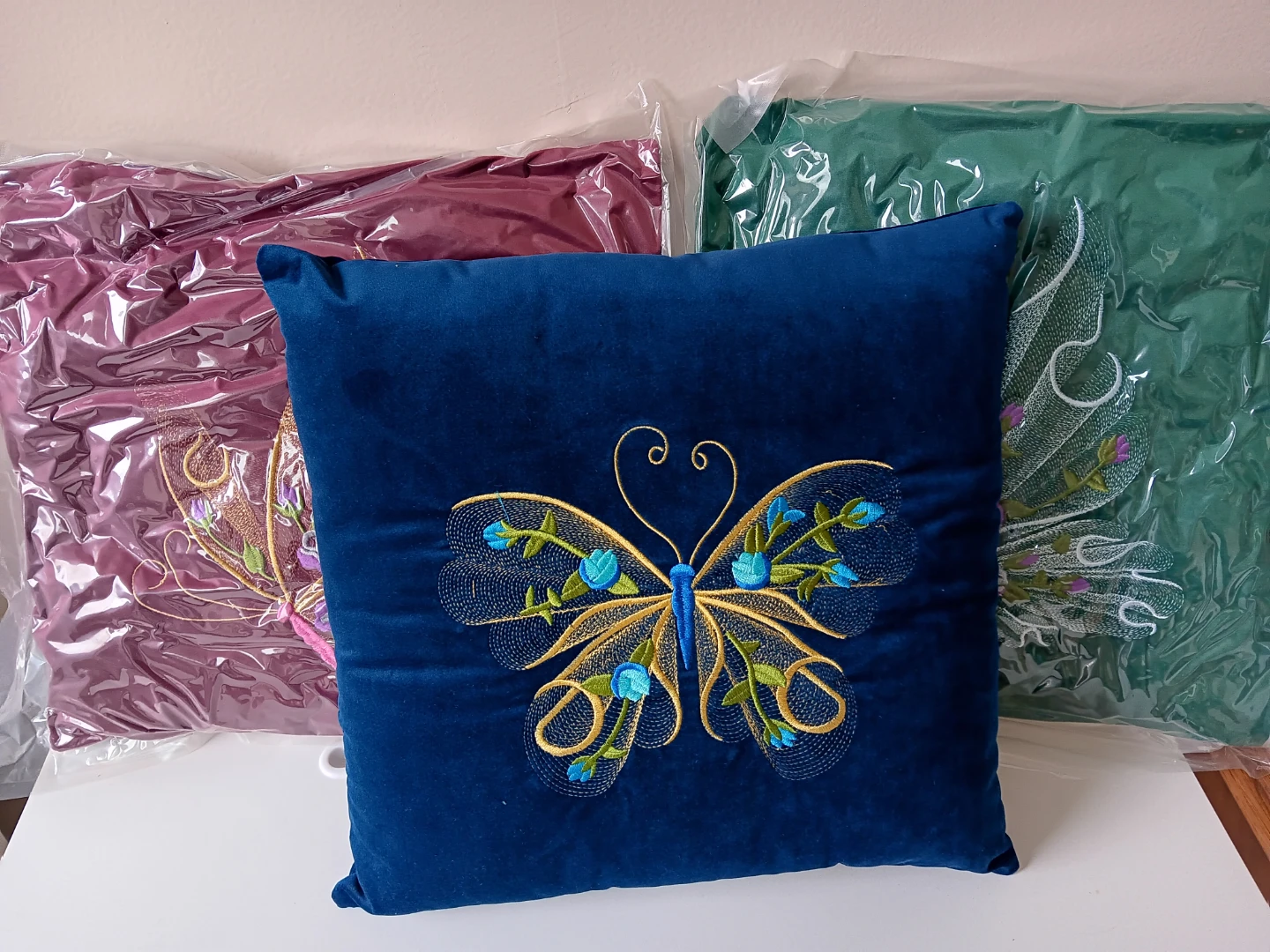 Blue Velvet Butterfly Embroidered Throw Pillow Cushion - photo 3