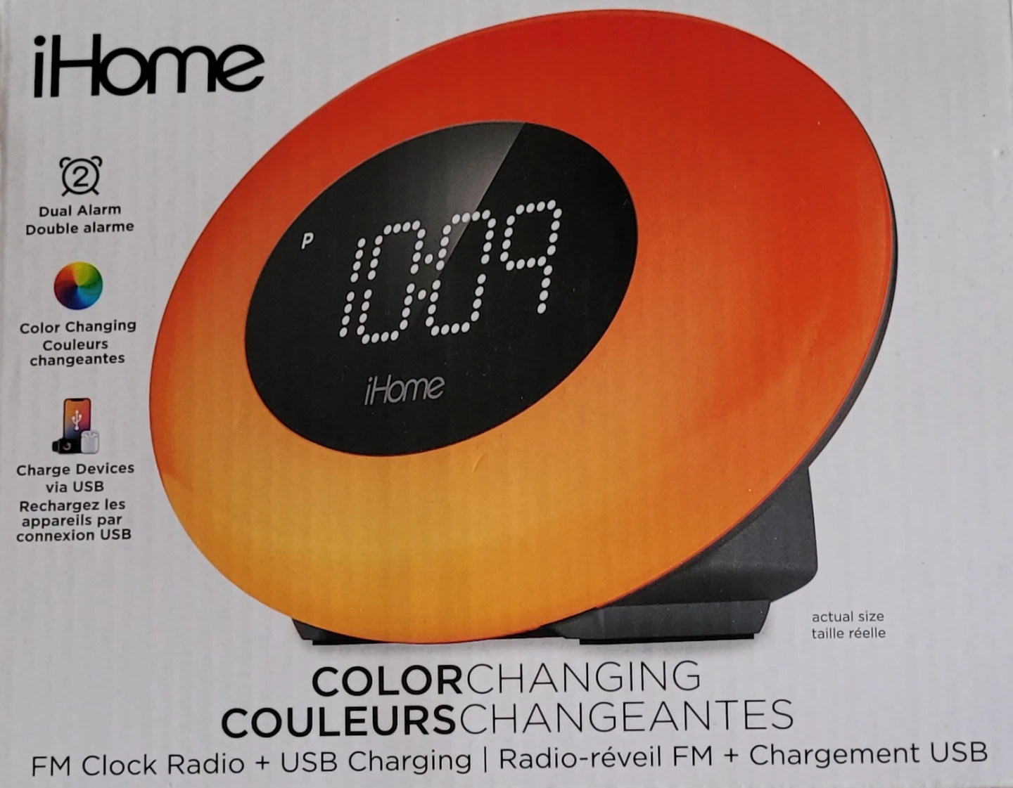 iHome Color Changing FM Clock Radio with USB Charging
