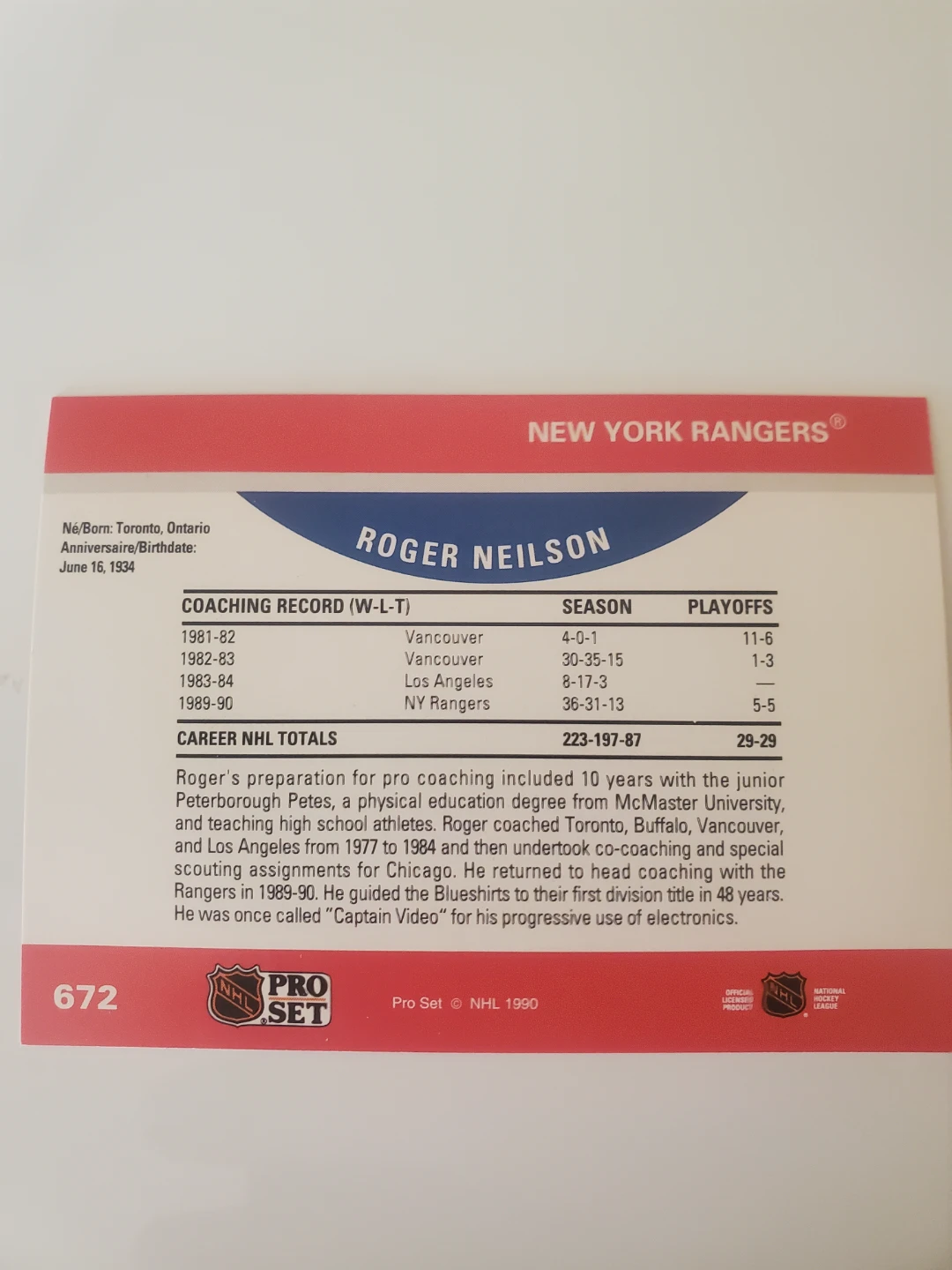 1990 Pro Set NHL Roger Neilson Hockey Card - photo 2