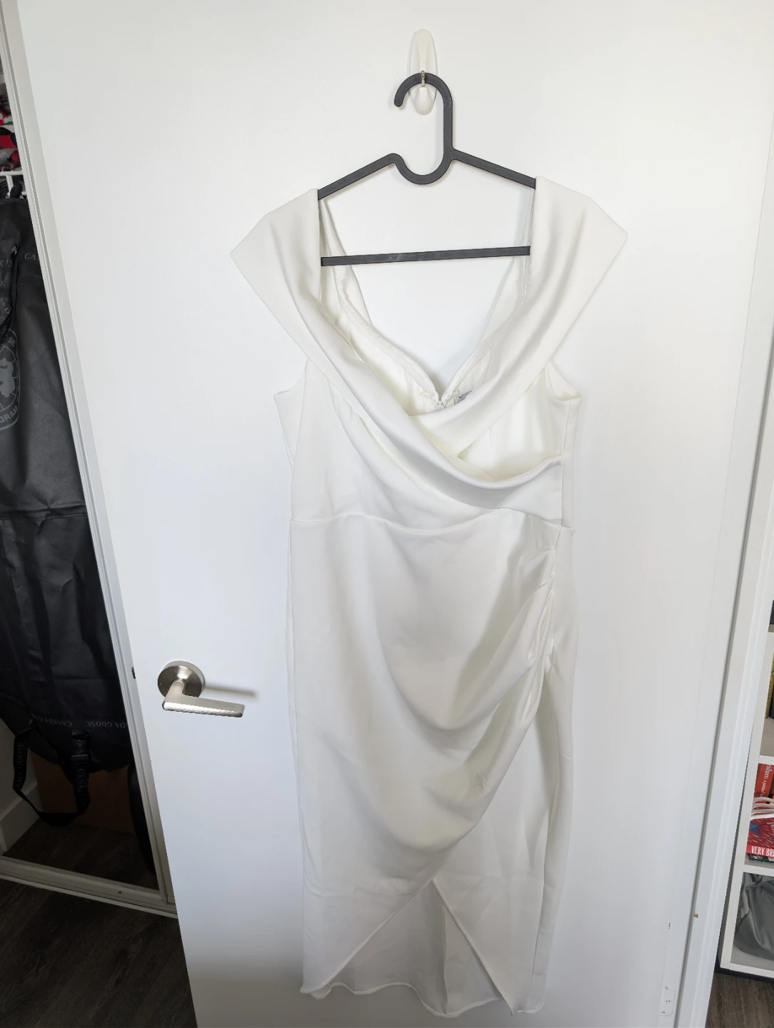 White Cowl Neck Off Shoulder Ruched Midi Dress