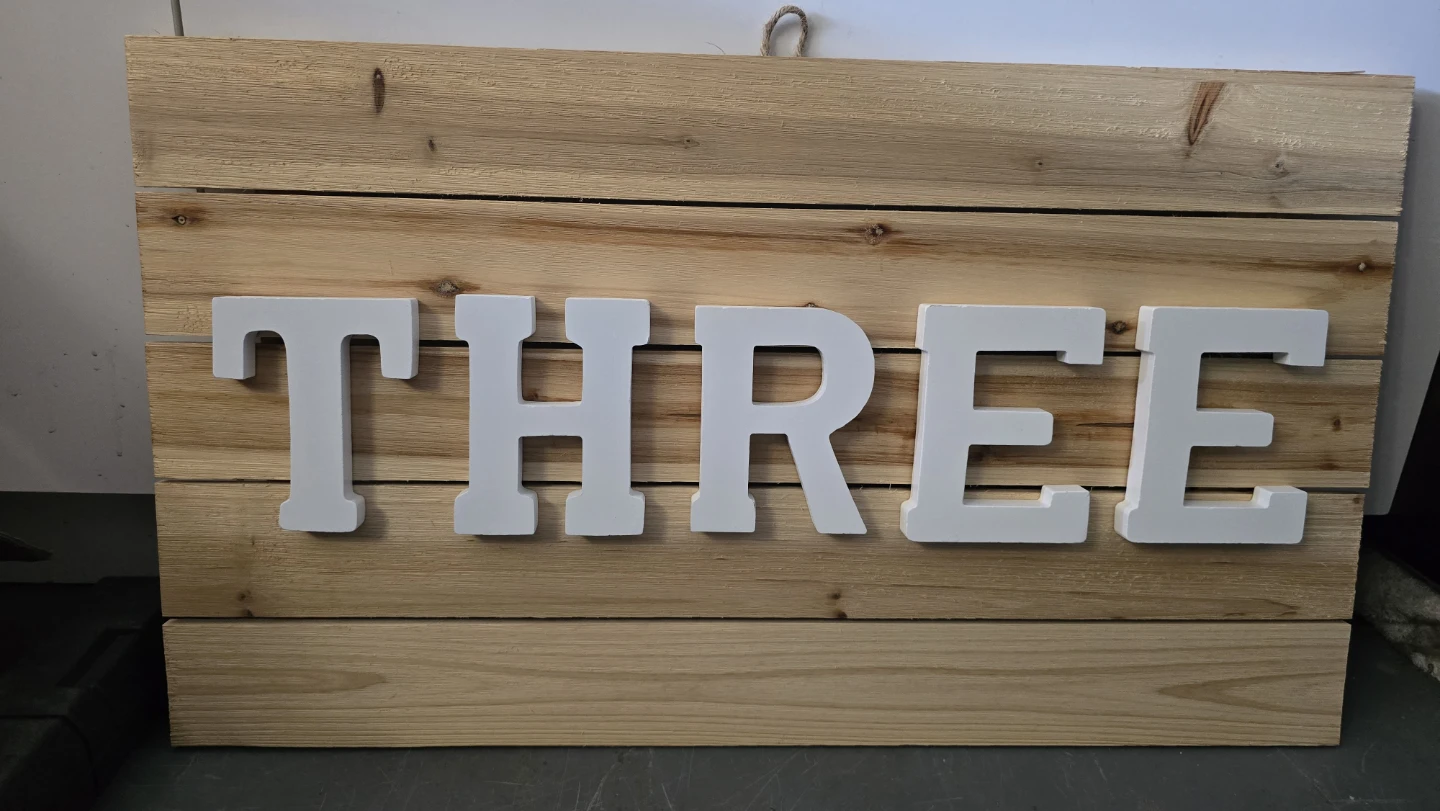 Wooden "THREE" Sign