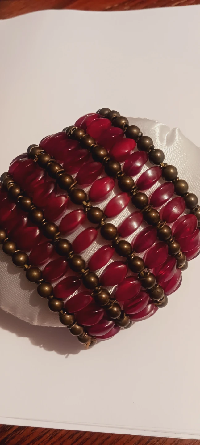 Red Beaded Stretch Bracelet with Bronze-Tone Accents - photo 4