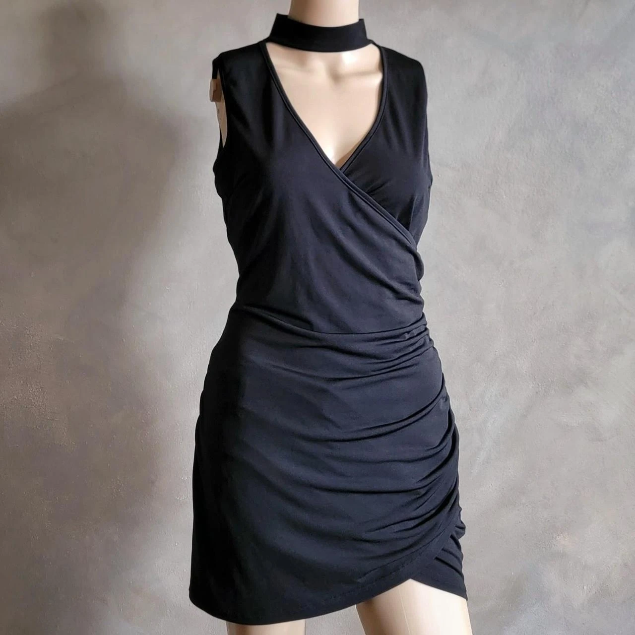 Black Ruched V-Neck Dress with Choker Neckline